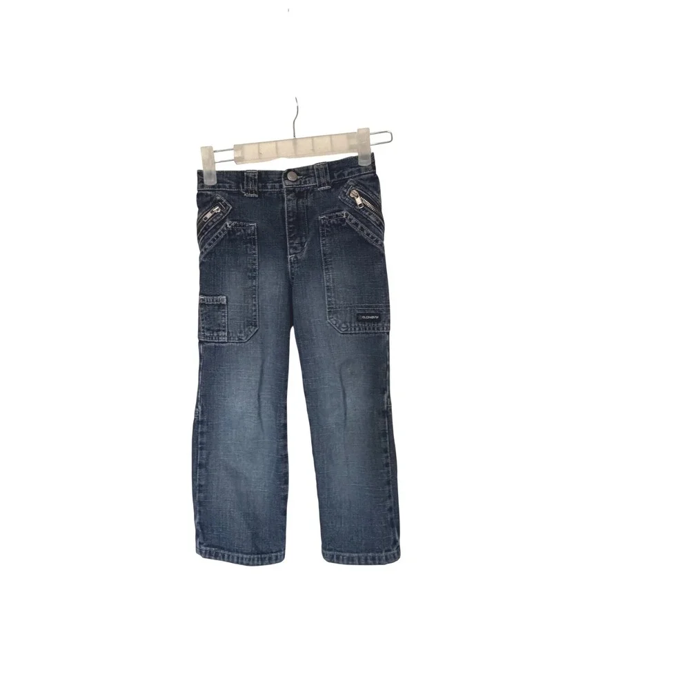 Old Navy Toddler Boys Dark Wash Cargo Jeans Zipper Pockets Elastic Waist 4T